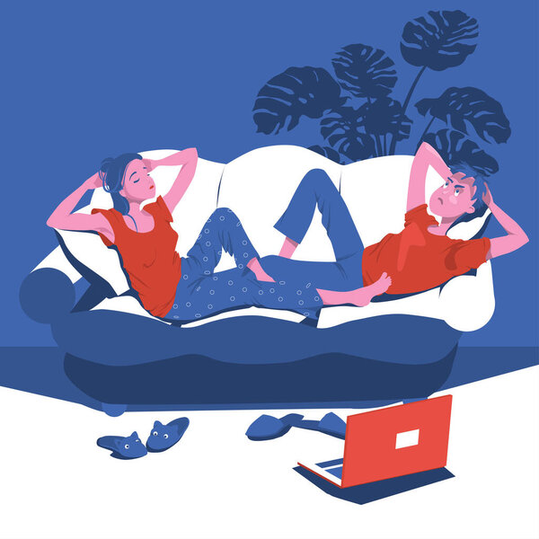 Young Couple Bored Home Couch Included Laptop Floor Next Slippers — Stock Vector