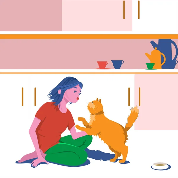 Holka Objímá Domácí Kočku Doma Kuchyni Roztomilý Kreslený Znak Plochý — Stockový vektor