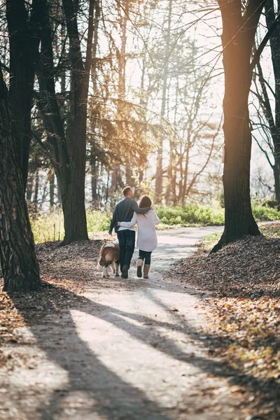 Paar en hun hond in het bos — Stockfoto