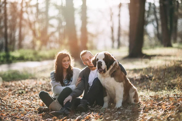 Casal e seu cão na floresta — Fotografia de Stock