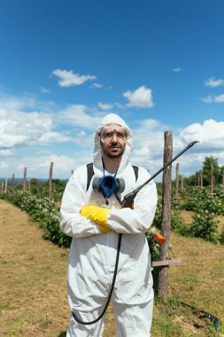 Endüstriyel tarım Tema. Püskürtme zehirli böcek ilacı veya meyve plantasyon büyüyen böcek öldürücüler dostum. Güneşli doğal sert ışık. Mavi Gökyüzü bulutlu arka planda