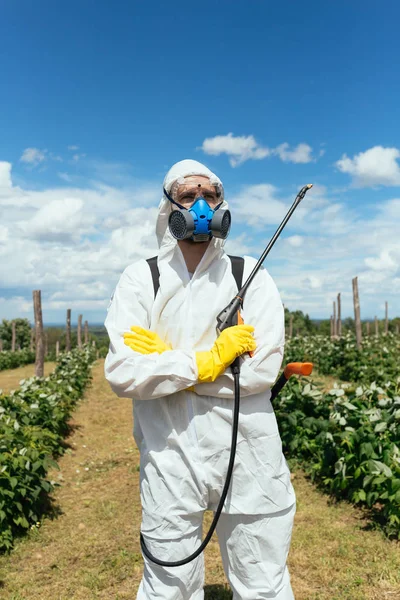 Thema Van Industriële Landbouw Man Spuit Giftige Pesticiden Insecticiden Fruitteelt — Stockfoto