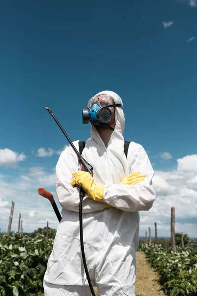 Thema Van Industriële Landbouw Man Spuit Giftige Pesticiden Insecticiden Fruitteelt — Stockfoto