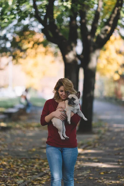 People Dogs Outdoors Beautiful Happy Woman Walking Her Adorable English — Stock Photo, Image