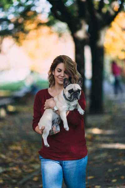 People Dogs Outdoors Beautiful Happy Woman Walking Her Adorable English — Stock Photo, Image