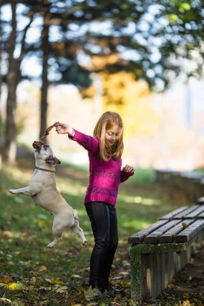 Children Dogs Outdoors Beautiful Happy Redhead Girl Enjoying Playing Autumn — Stock Photo, Image