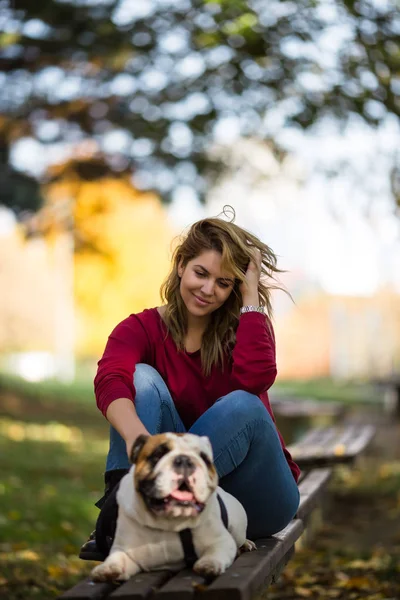 People Dogs Outdoors Beautiful Happy Woman Enjoying Autumn Park Walking — Stock Photo, Image