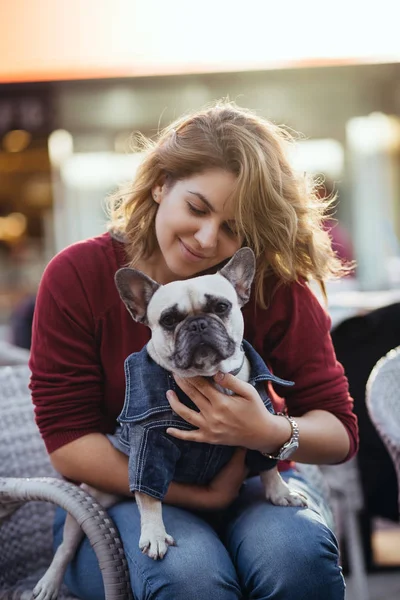 Beautiful Young Woman Sitting Cafe Restaurant Holding Adorable Fawn French — Stock Photo, Image