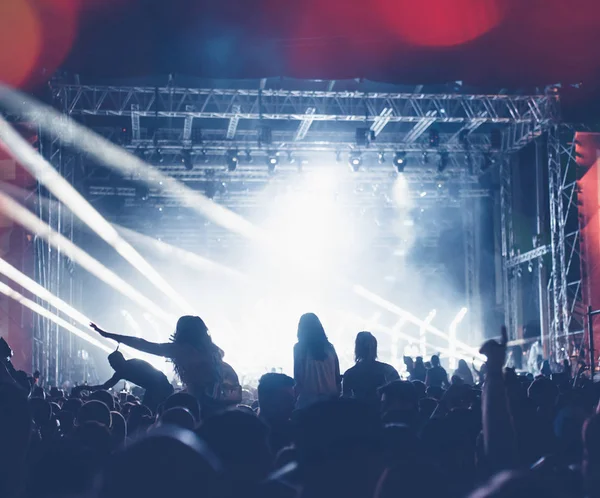 Σιλουέτες Των Φεστιβάλ Συναυλία Πλήθος Μπροστά Από Λαμπερά Φώτα Στάδιο — Φωτογραφία Αρχείου