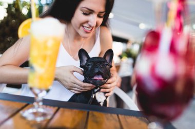 Sevimli Fransız bulldog köpeği ile kafede oturan güzel genç kadın. Köpekler Tema grubu