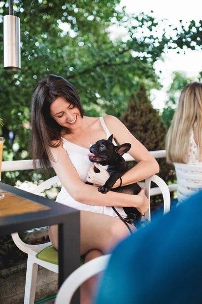 Beautiful Young Woman Sitting Cafe Her Adorable French Bulldog Puppy — Stock Photo, Image