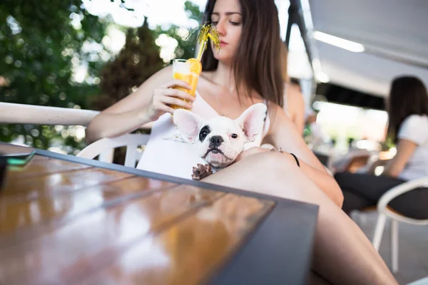 Beautiful Young Woman Sitting Cafe Her Adorable French Bulldog Puppy — Stock Photo, Image