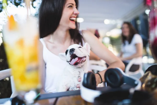 Beautiful Young Woman Sitting Cafe Her Adorable French Bulldog Puppy — Stock Photo, Image