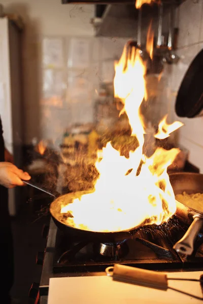 Chef Profesional Trabajando Cocina Del Restaurante Haciendo Deliciosa Comida Tradicional — Foto de Stock