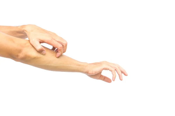 Člověk ruku škrábání rameno na bílém pozadí pro zdravé koncept — Stock fotografie