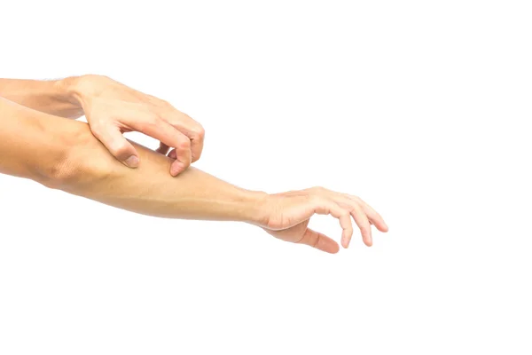 Brazo rascador de mano de hombre sobre fondo blanco para un concepto saludable —  Fotos de Stock