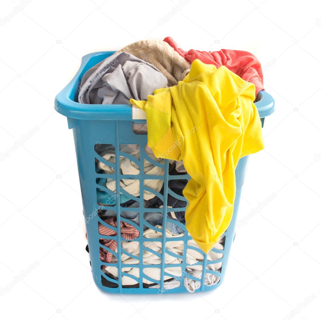 Clothes fabric basket on white background, housework concept
