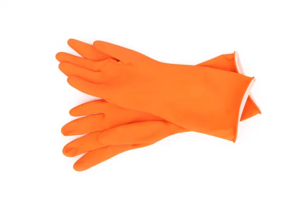 Oranje kleur rubberen handschoenen voor het reinigen op witte achtergrond, workhouse concept — Stockfoto