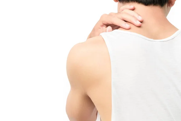 Крупним планом молодий чоловік шия біль з білим тлом — стокове фото