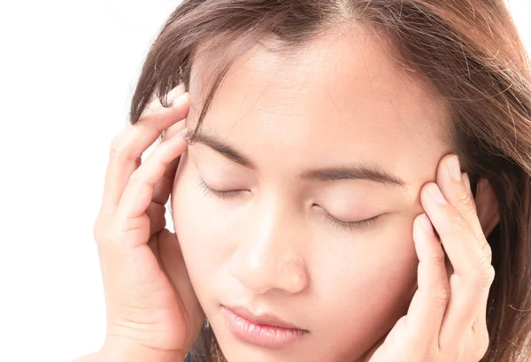 Closeup woman having headache with white background — Stock Photo, Image