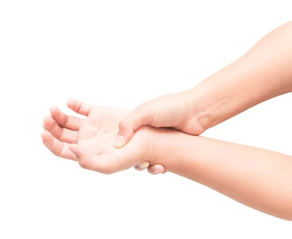 Woman hand holding her wrist on white background, health care and medical concept — Stock Photo, Image