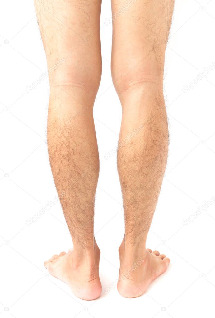 Closeup back of legs men skin and hairy with white background, health care and medical concept