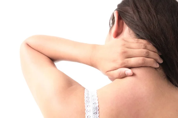 Ból szyi kobiety z białym tłem dla zdrowej koncepcji — Zdjęcie stockowe