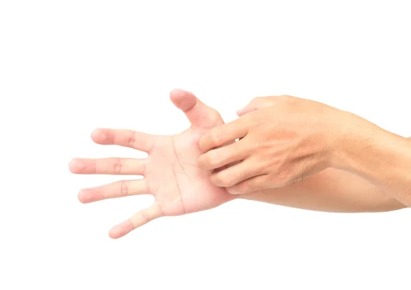 Mano del hombre rascándose la mano sobre fondo blanco para un concepto saludable — Foto de Stock