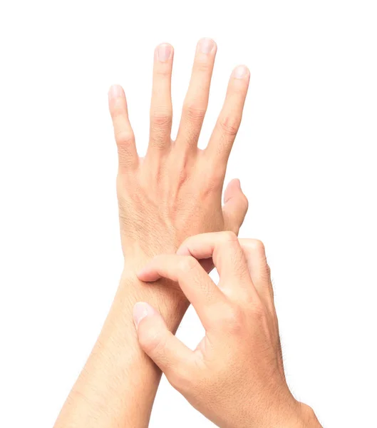 Mano del hombre rascándose la mano sobre fondo blanco para un concepto saludable —  Fotos de Stock