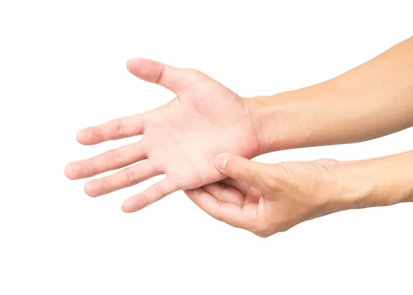 Man hand with pain on white background, health care and medical — Stock Photo, Image