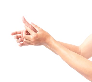 Baş parmak ağrı beyaz arka plan, sağlık ve tıp kavramı ile