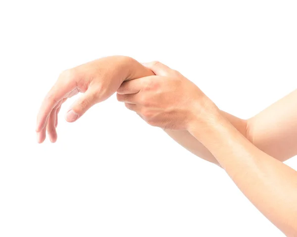 Man hand holding her wrist on white background, health care and medical concept — Stock Photo, Image