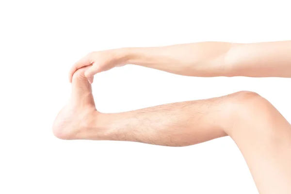 Stretching exercises leg man on white background — Stock Photo, Image