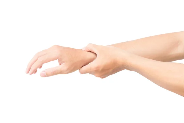Homem mão segurando seu pulso isolado no fundo branco com recorte caminho, cuidados de saúde e médico — Fotografia de Stock