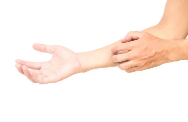 Man hand krabben hand op witte achtergrond, gezondheidszorg en medische concept — Stockfoto