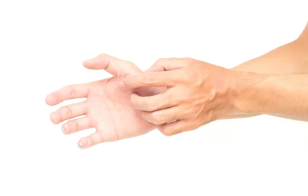 Ręką człowieka drapanie rękę na białe tło zdrowy koncepcja — Zdjęcie stockowe