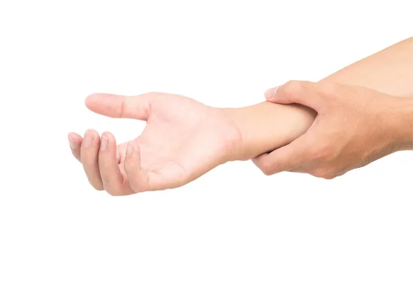 Man hand holding wrist isolated on white background with clippin — Stock Photo, Image