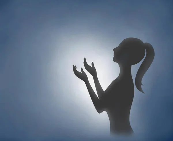 Digital painting silhouette woman hands praying with light blue Stock Image