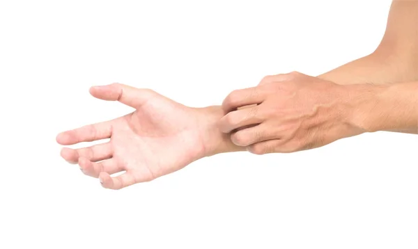 Man hand scratching hand on white background with clipping path Stock Picture