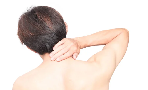 Mão de homem de close-up segurando pescoço ou ombro com dor no bac branco — Fotografia de Stock