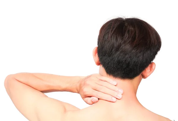 Крупним планом рука людини тримає шию або плече з болем на білому спині — стокове фото