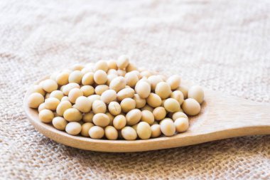 Tahta kaşık çul arka plan, sağlıklı gıda kavramı ile portre soya fasulye