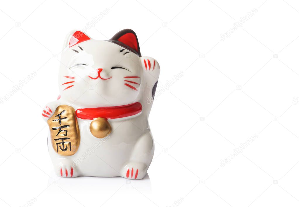 Maneki Neko ceramic japanese lucky cat isolated on white background