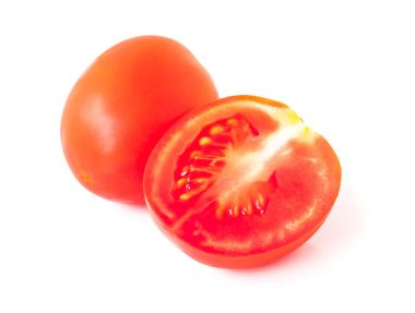 Beyaz arka plan, üstten görünüm, çiğ gıda ve sebze güzellik sağlık için dilimleri ile taze kiraz domates