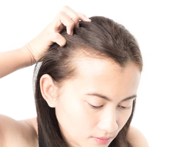 Mulher grave problema de perda de cabelo para shampoo cuidados de saúde e conceito de produto de beleza — Fotografia de Stock