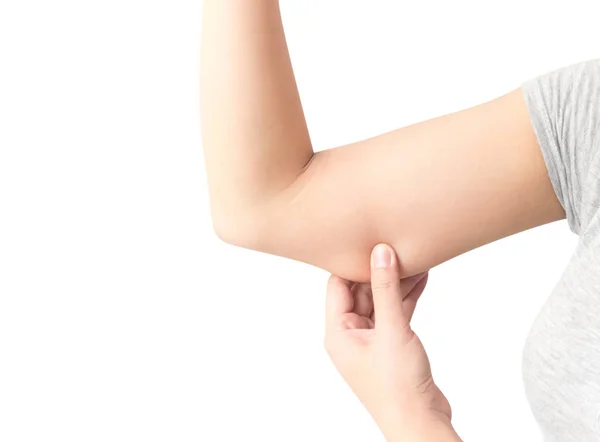 Крупним планом жінка рука перевіряє верхню руку на білому тлі охорони здоров'я та медичної концепції — стокове фото