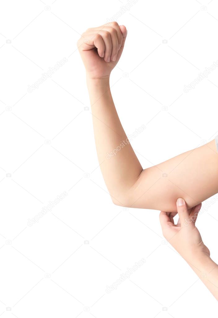 Closeup woman hand checking upper arm on white background health care and medical concept