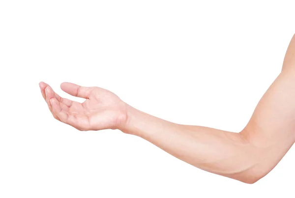 Mann Hände halten etwas auf weißem Hintergrund für Produktwerbung Konzept, Clipping Pfad — Stockfoto