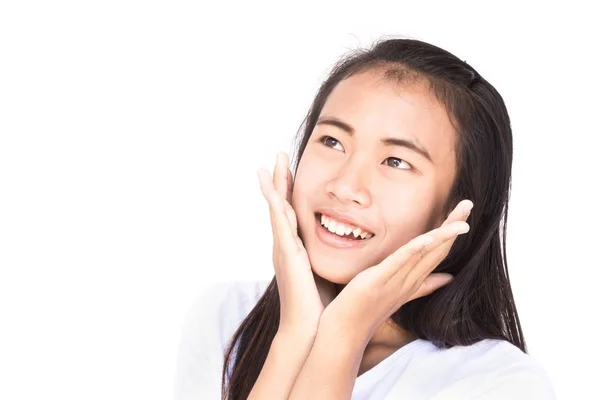 Überrascht asiatische junge Frau Charakter mit glücklichem Gesicht auf weißem Hintergrund, Kopierraum für Text werben Konzept — Stockfoto