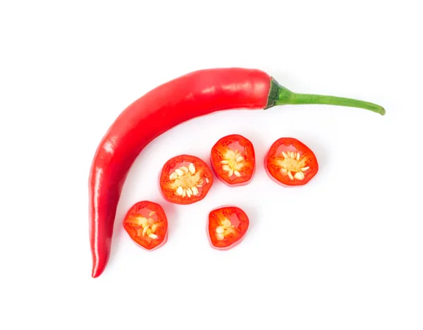 Closeup top red chili pepper with sliced on white background, raw food ingredient concept — Stock Photo, Image